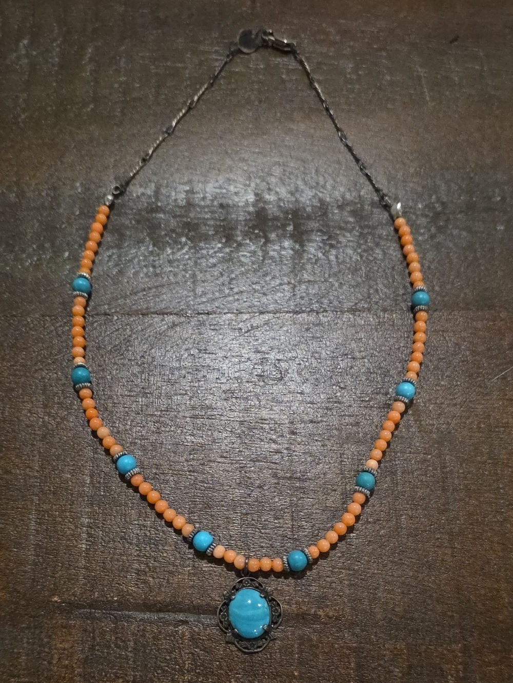 Beaded Turquoise & Coral Orange Pendant Necklace - Women Jewelry